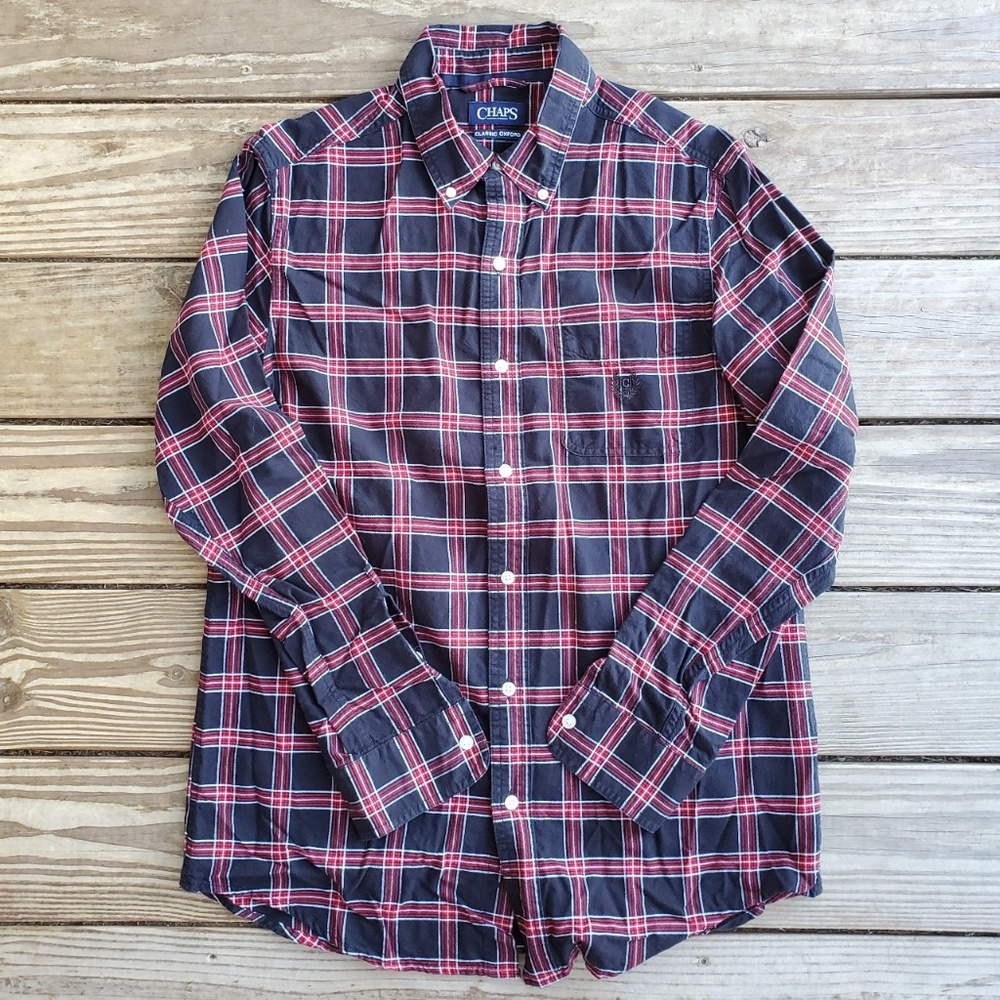 Chaps Classic Oxford Shirt Red/Black Plaid Long Sleeves Mens Medium